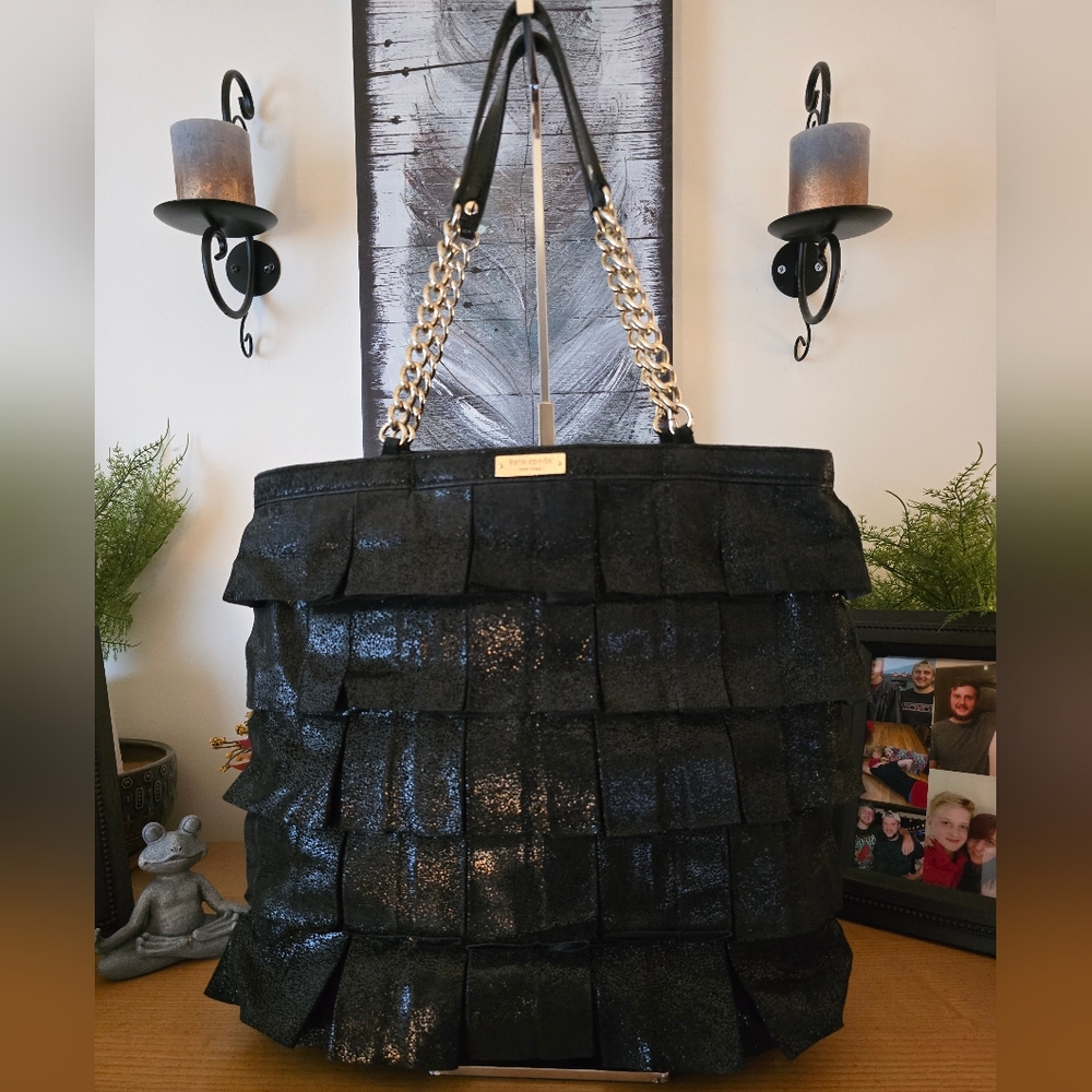 Kate Spade Plisse shimmer leather ruffled Tote EUC